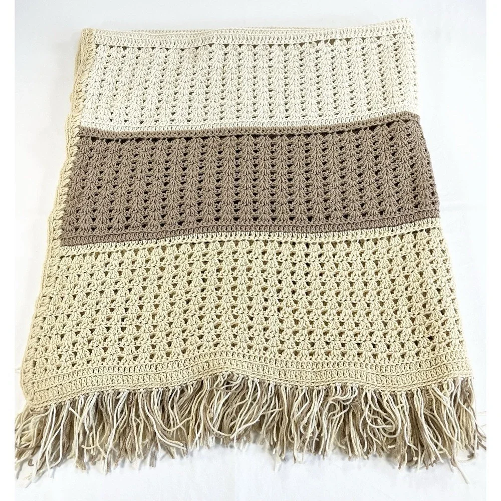 Vintage Waffle Stitch Crochet Afghan Blanket Fringed Throw Large‎ Tan Cream Boho